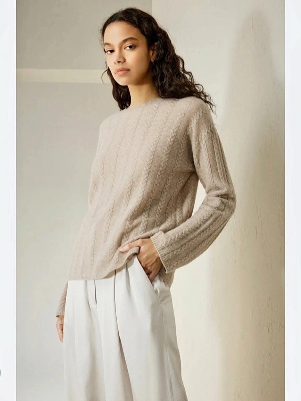 LILYSILK Cashmere Cable Knit Sweater with Ribbed Edges Beige Small - Picture 2 of 7